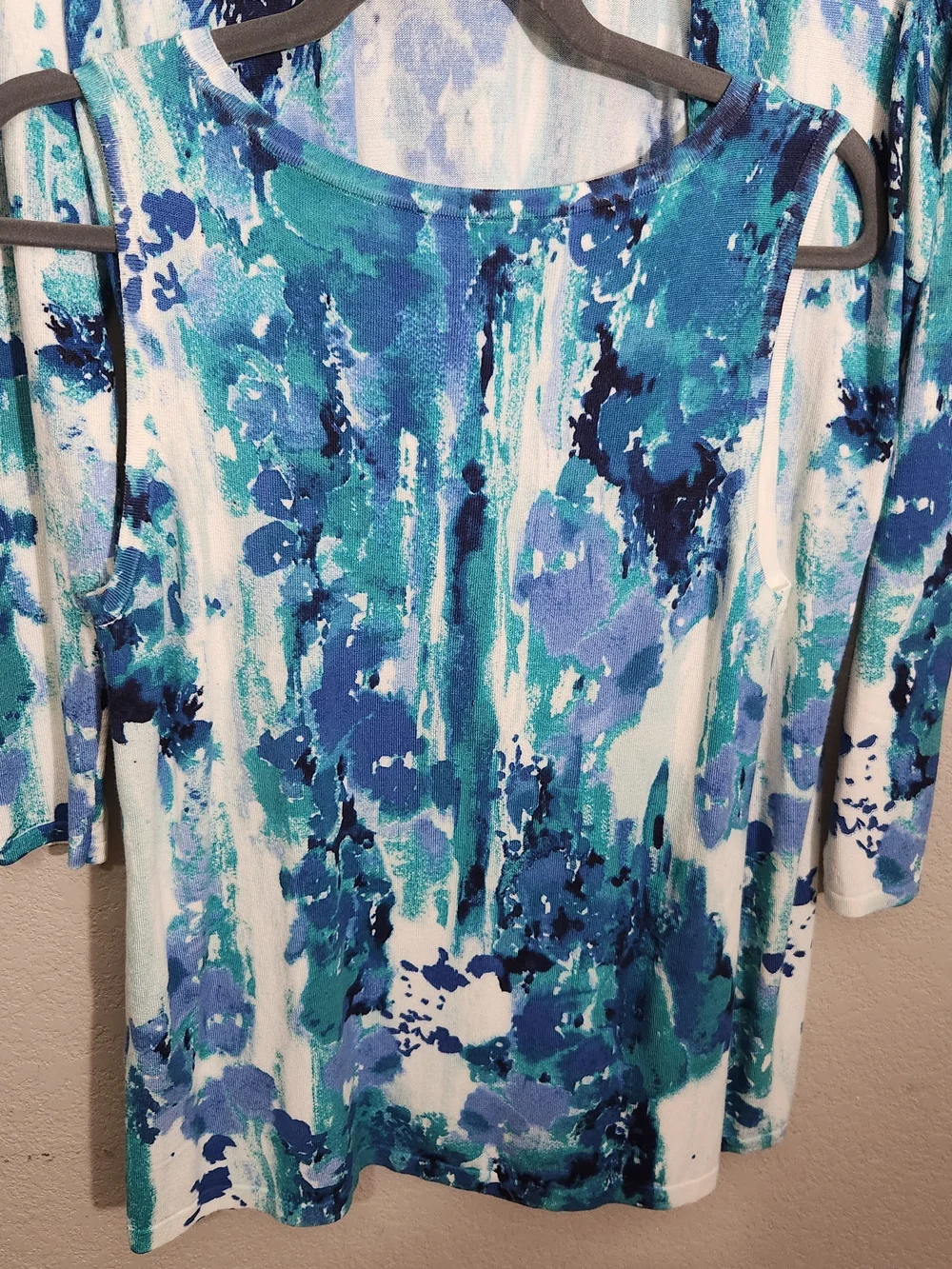 Chico's Blue Teal White Watercolor Print Sweater Cardigan Set